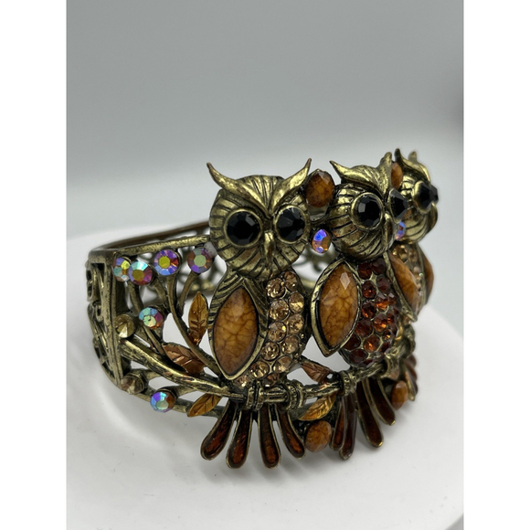 Vintage Owl Gold Tone Cuff Clamper Bangle Bracelet HANDMADE VTG SEE ALL - Picture 4 of 16